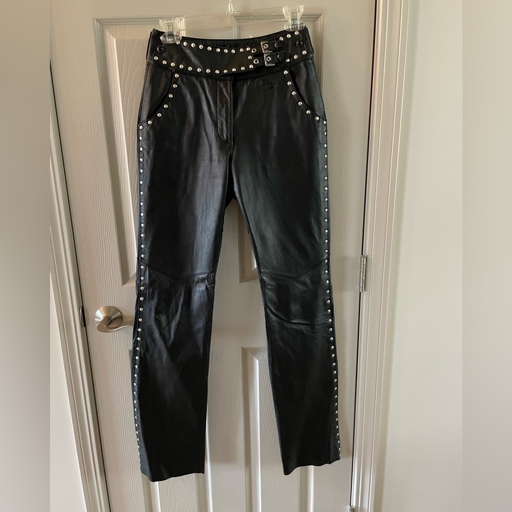 Black leather studded pants